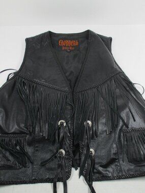 90s Vintage Black Leather Western Chopper Prestige Wear Fringe Vest  Horse XL